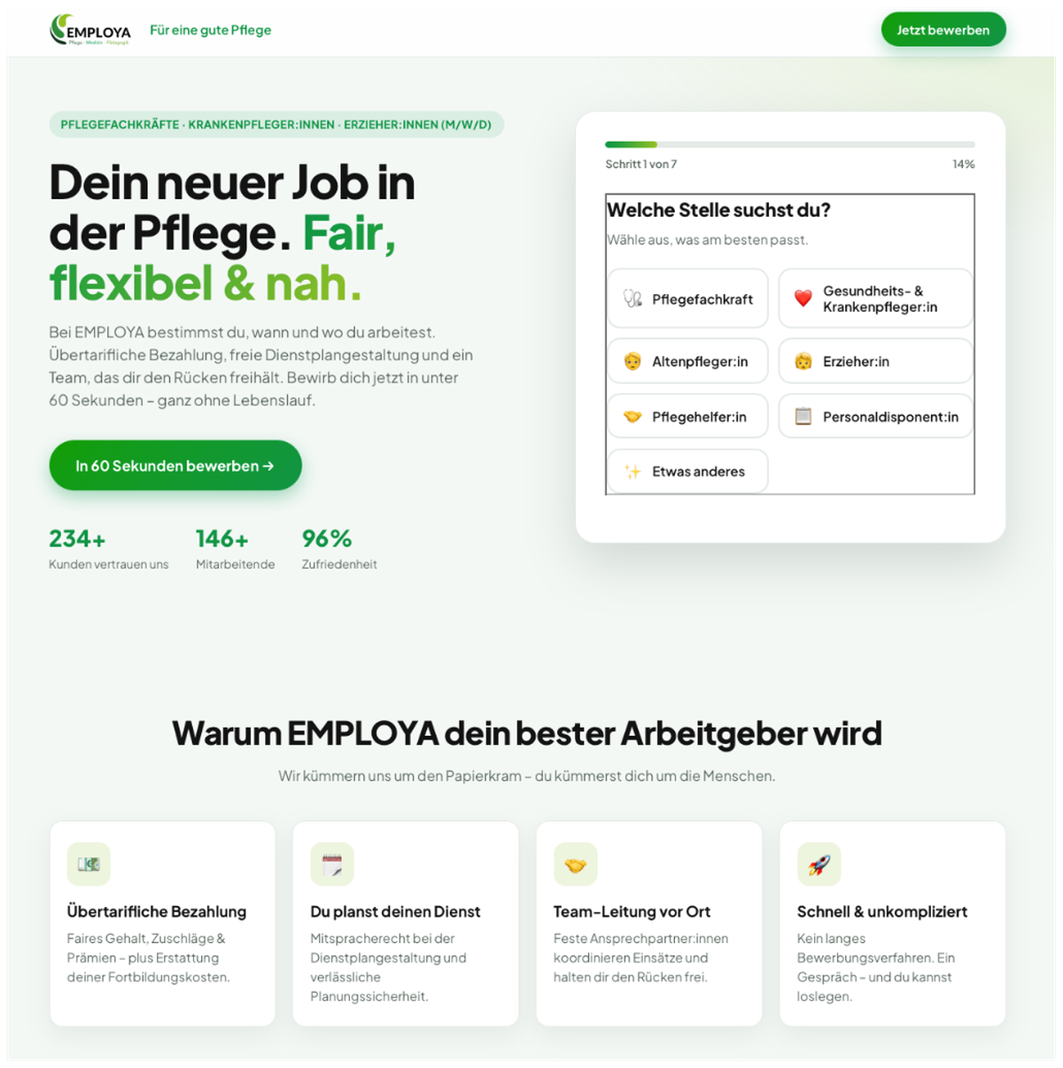 Speziell angefertigte Bewerbungsseite von EMPLOYA